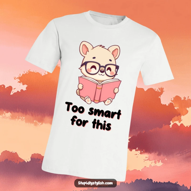 Cute animal character sporting small glasses while intensely reading a giant book, perfect for a funny t-shirt about knowledge.