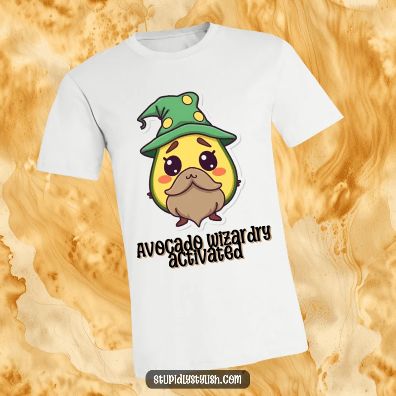 Funny Avocado Wizard T-Shirt showing a startled avocado in wizard attire, perfect for magical occasions.