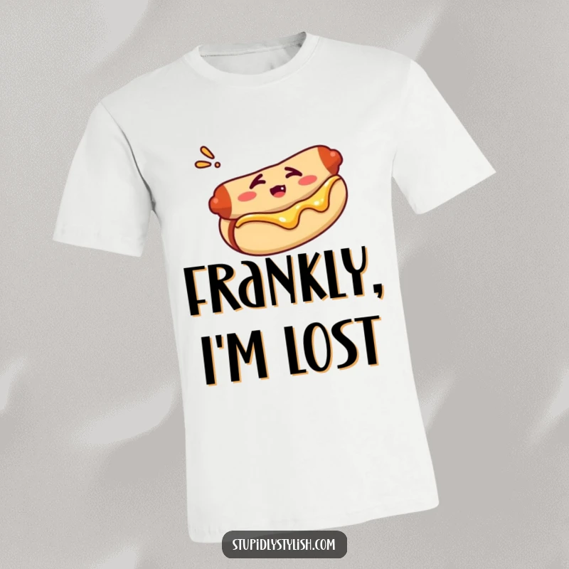Funny t-shirt print of a hot dog looking confused inside its bun, symbolizing uncertainty and humor.