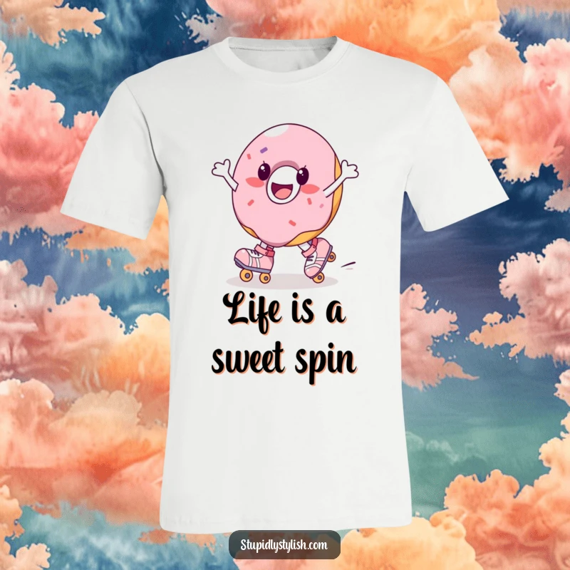 Funny donut t-shirt featuring a joyful character on roller skates, captured mid-spin. Playful and energetic.