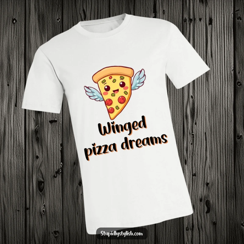 Funny T-Shirt: A pizza slice with small wings, depicted in flight, ideal for casual wear.