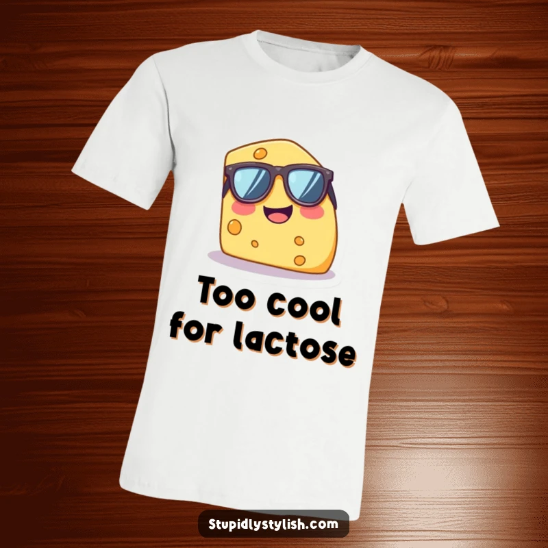 Funny t-shirt showcasing a tiny, giggling cheese wedge sporting oversized sunglasses, radiating a cool and hilarious personality.