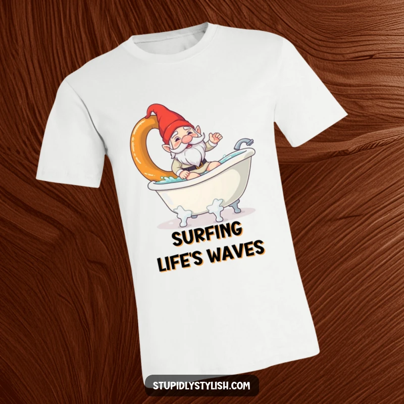 Funny T-shirt print of a confused garden gnome trying to balance and surf on a giant pretzel in a bathtub. Quirky and humorous apparel.