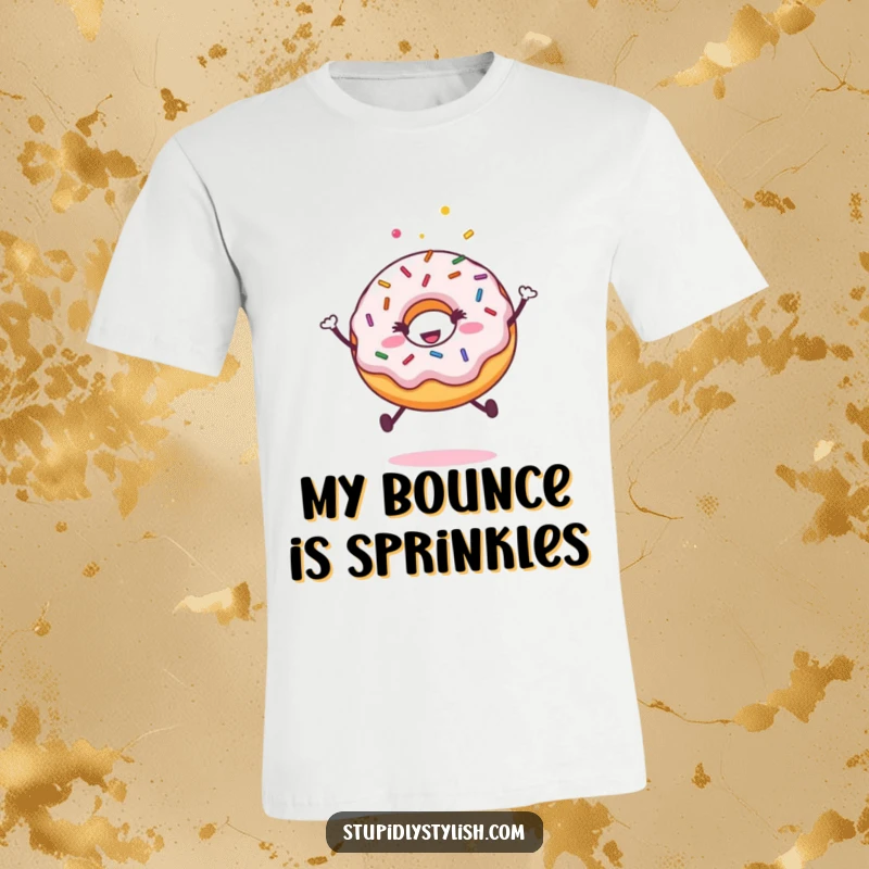 Funny t-shirt showcasing a delighted donut with colorful sprinkles executing a triumphant jump, radiating pure, sugary happiness.