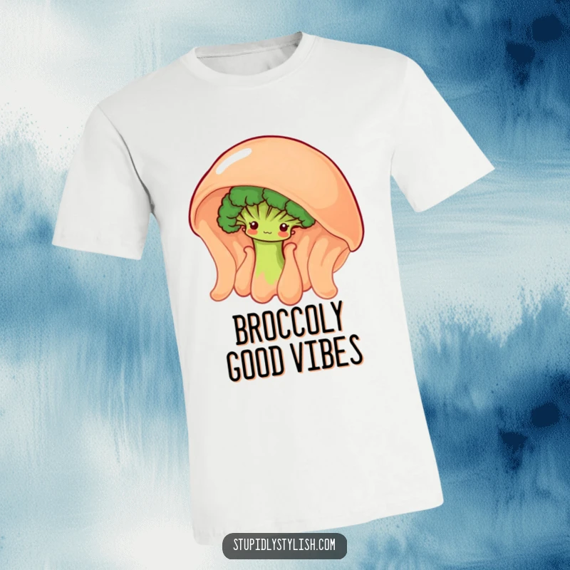 Funny t-shirt with a shy broccoli floret peeking from behind a giant, wobbly jelly, a whimsical food design.