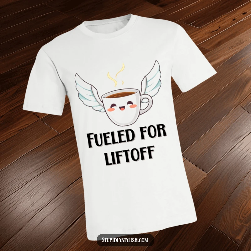 Funny t-shirt featuring a startled coffee cup with steam trails resembling wings, symbolizing a surprising and energetic start to the day.