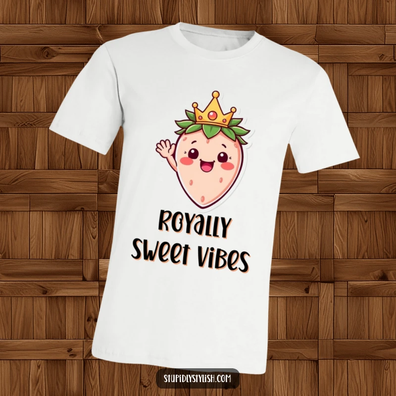 Funny T-shirt showcasing a jubilant strawberry character adorned with a tiny crown, happily waving hello.