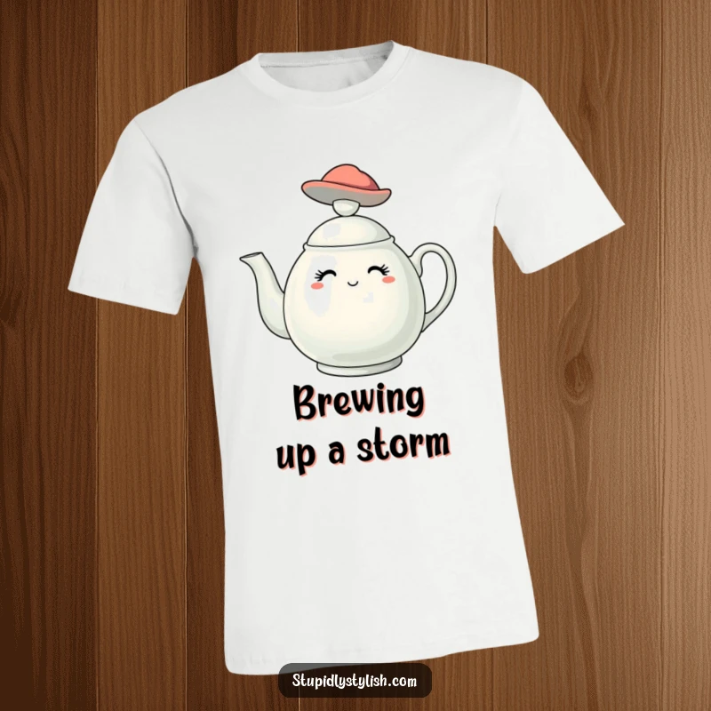 Funny t-shirt design of a chic teapot character gracefully adorned with a tiny, fashionable hat, a quirky fashion statement.