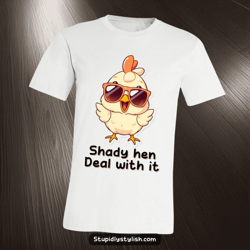 Funny T-Shirt featuring a surprised chicken wearing ridiculously large sunglasses, radiating cool disbelief and bold style for all to see.