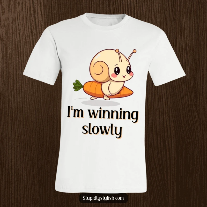 Funny t-shirt design featuring a focused snail intensely racing a blur of a carrot, illustrating a humorous and unexpected competition.