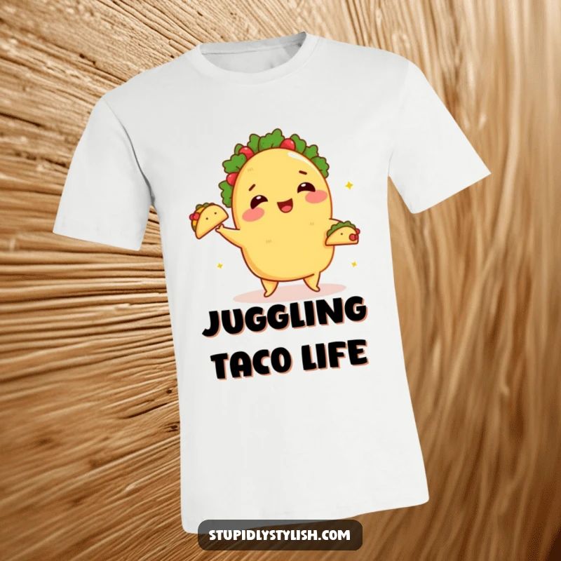 Funny T-Shirt: A taco blushing while juggling small tacos, ideal for parents and food lovers.