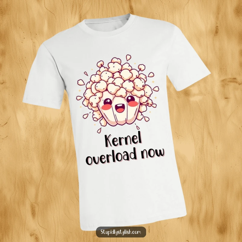 Funny t-shirt print of a popcorn kernel exploding outwards, visualizing feeling overwhelmed and stressed, great for casual wear.