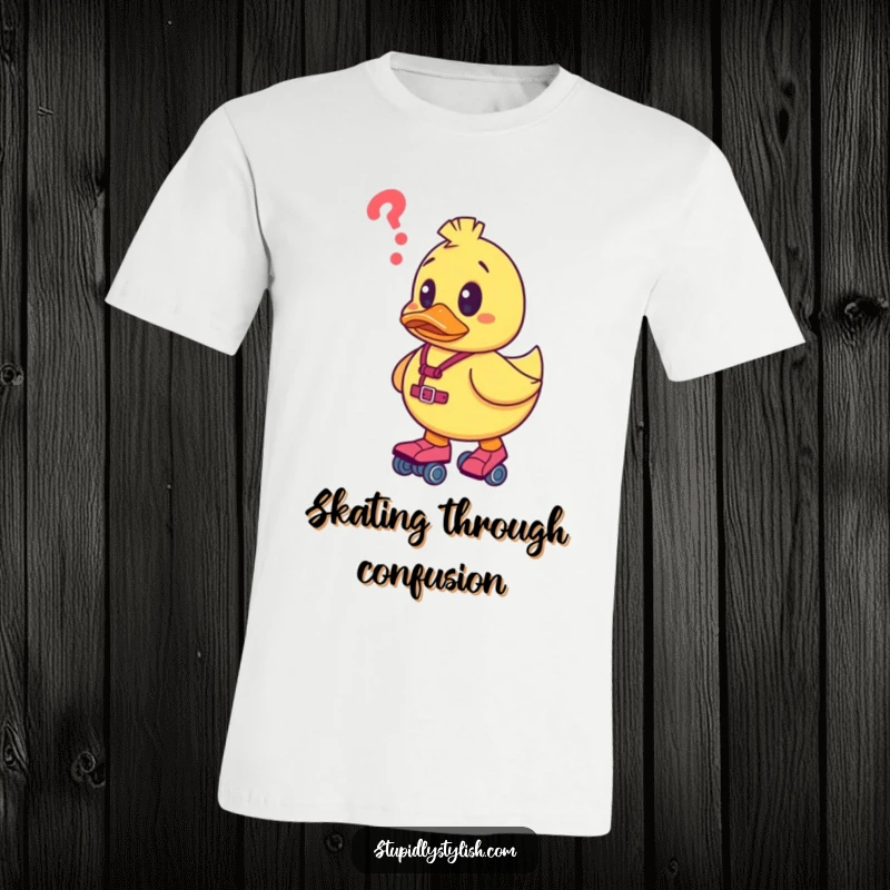 Funny t-shirt with a rubber duck character wearing roller skates and a confused expression, illustrating a humorous attempt at movement.