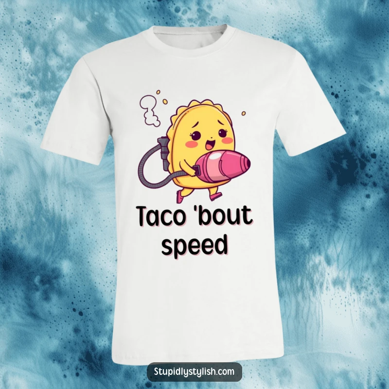 Funny t-shirt graphic of a blushing taco using a vacuum cleaner as a jetpack, with smoke billowing, a comical food adventure.