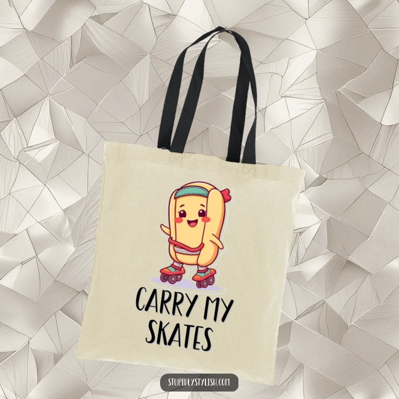 Funny Tote Bag: A hot dog smiling on roller skates, great for shopping and adventures.