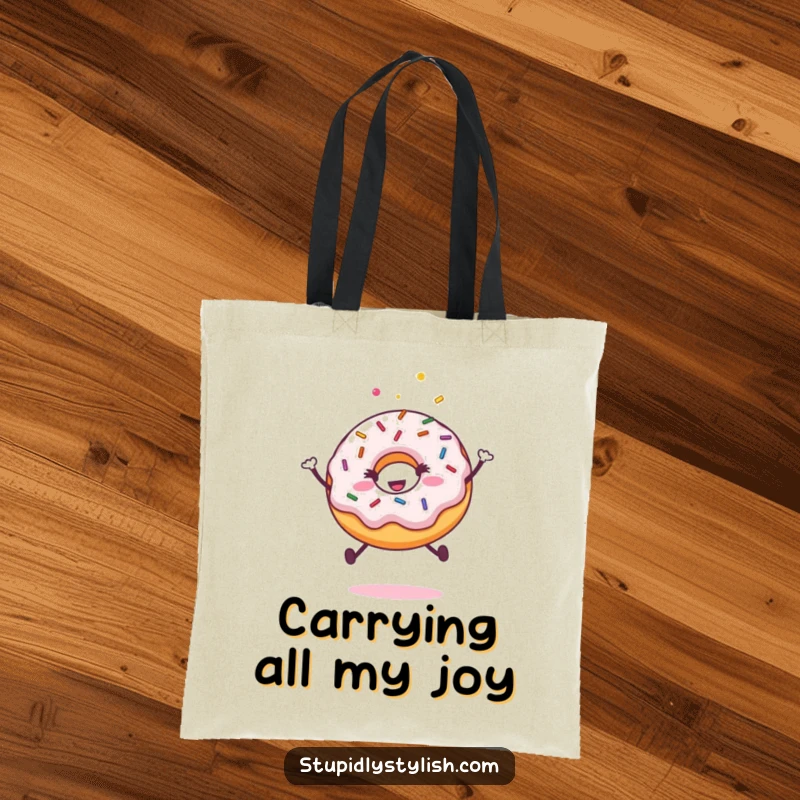 Funny tote bag featuring an ecstatic, sprinkle-covered donut mid-leap, expressing energetic joy and a love for sweet treats.