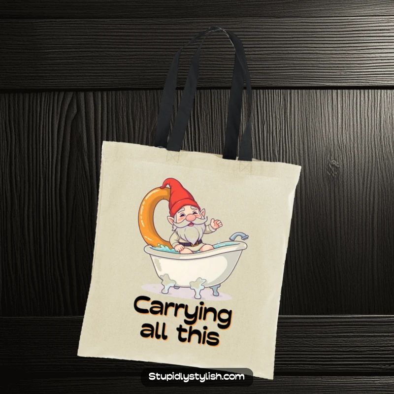 Funny tote bag with a confused garden gnome surfing a giant pretzel in a bathtub. A humorous and practical accessory.