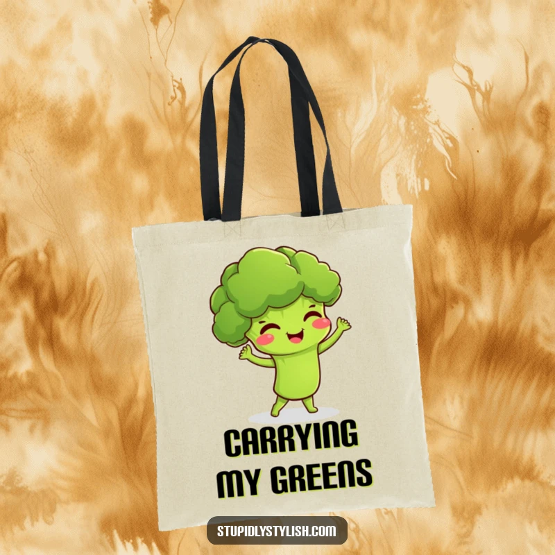 Funny tote bag with a laughing broccoli character doing a silly dance, perfect for carrying essentials with flair.