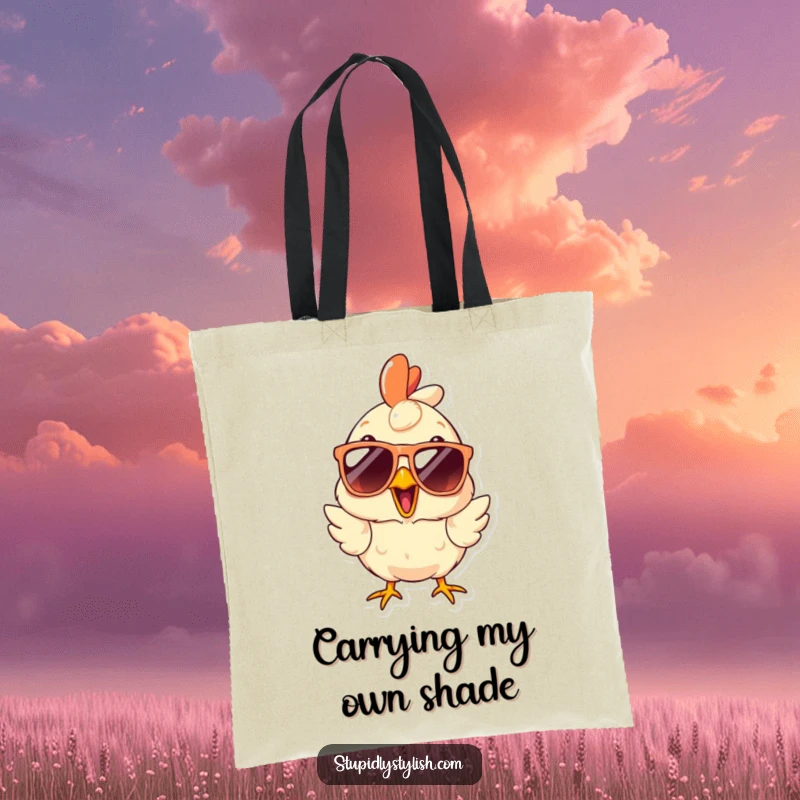 Funny Tote Bag with a surprised chicken wearing oversized sunglasses, perfect for carrying essentials while adding a dose of cool, humorous style.