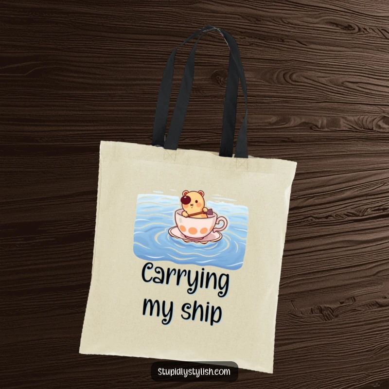Funny tote bag: hot dog determinedly paddling a teacup across the ocean, perfect for carrying humor and goods.
