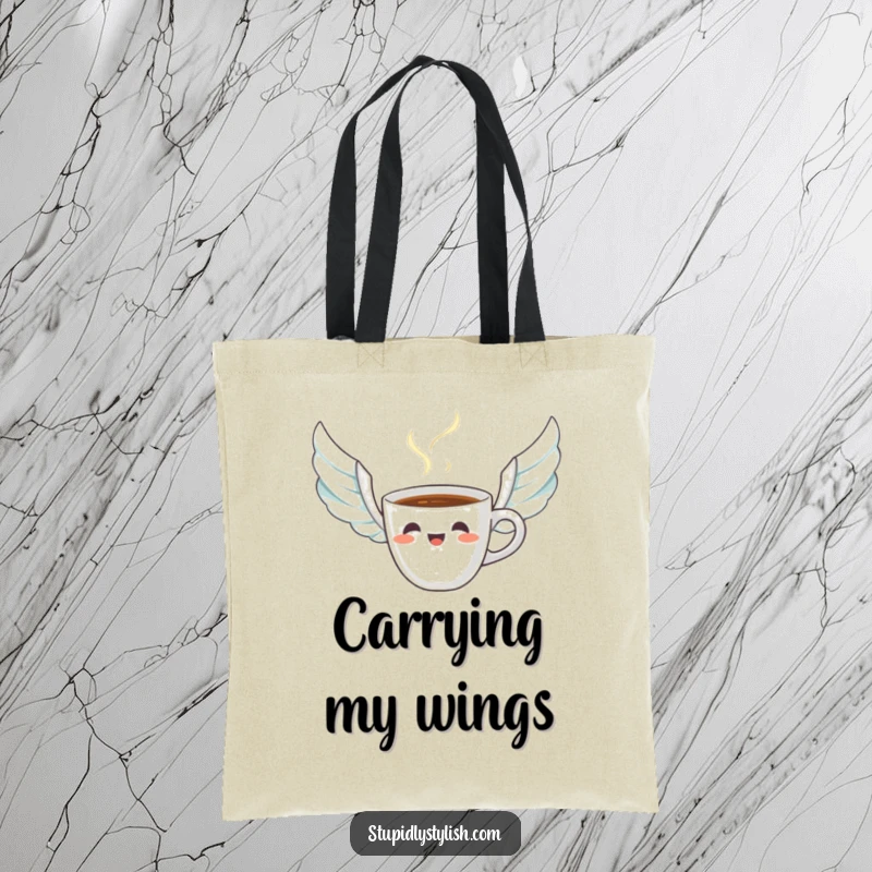 Funny tote bag featuring a startled coffee cup with steam forming wings, great for carrying daily items with morning coffee humor.