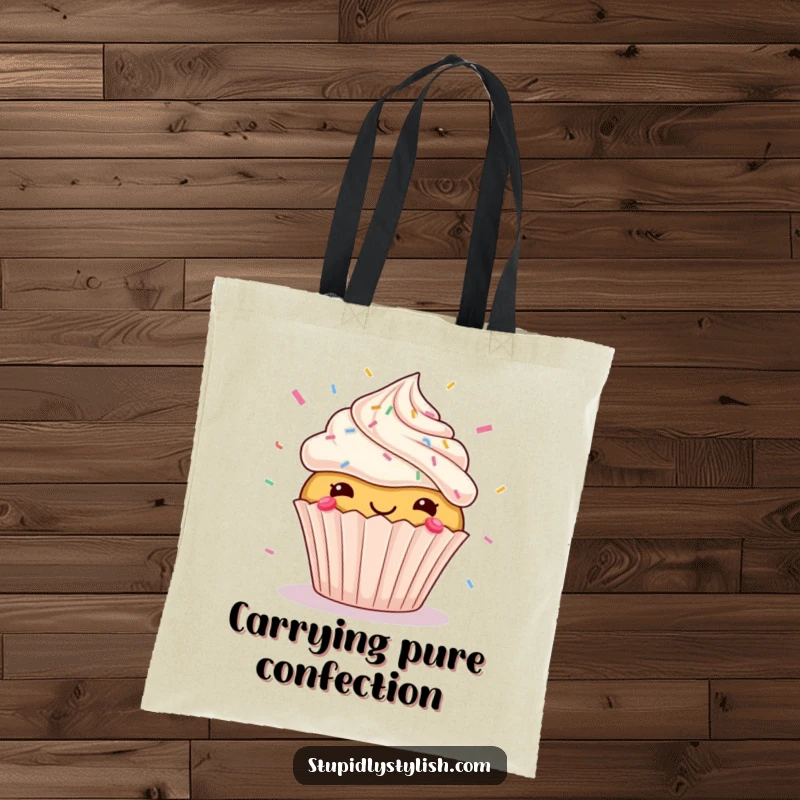 Funny tote bag showcasing a deliriously happy cupcake with a vibrant flurry of sprinkles soaring through the air, perfect for everyday use.