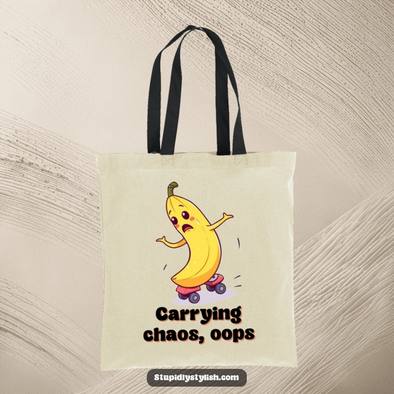 Funny Tote Bag with a bewildered banana comically spinning out of control on roller skates, perfect for carrying items with humor.