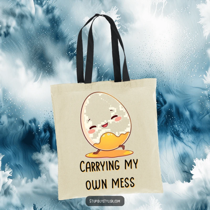 Funny tote bag featuring a clumsy egg character tripping over its yolk. Perfect for carrying daily items.