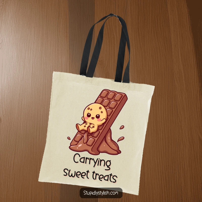 Funny Cookie Tote Bag showing a cookie character sliding down a melting chocolate bar, a sweet and practical accessory.