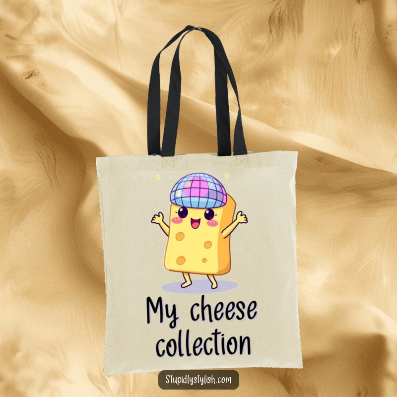 Funny tote bag illustrating a piece of cheese dancing energetically with a disco ball, great for shopping and events.
