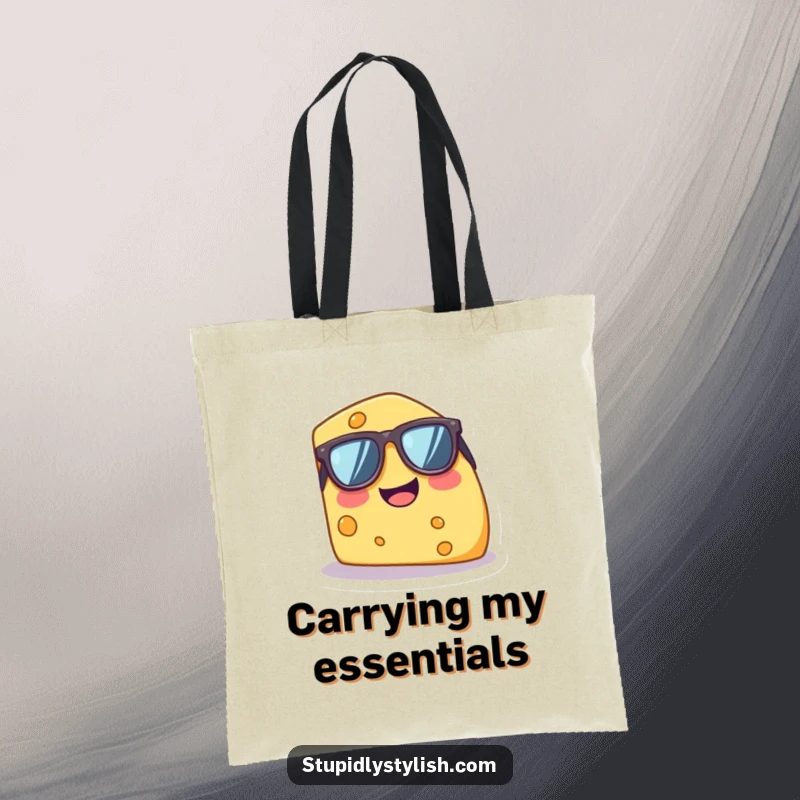 Funny tote bag with a tiny, giggling cheese wedge wearing oversized sunglasses, perfect for stylish and humorous everyday use.