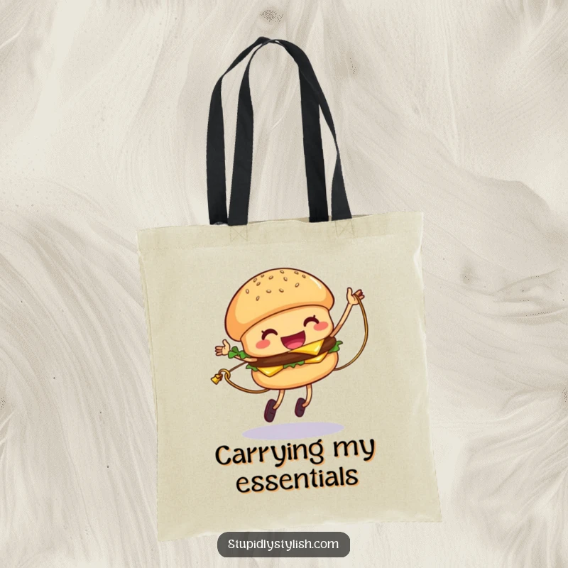 Funny Hamburger Tote Bag showing a giggling hamburger jumping rope with cheese, a fun and practical accessory.