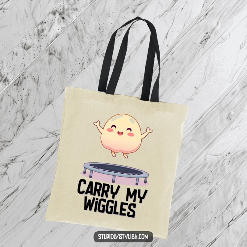 Funny tote bag featuring an ecstatic, wobbly jelly blob bouncing energetically on a trampoline, perfect for everyday use.