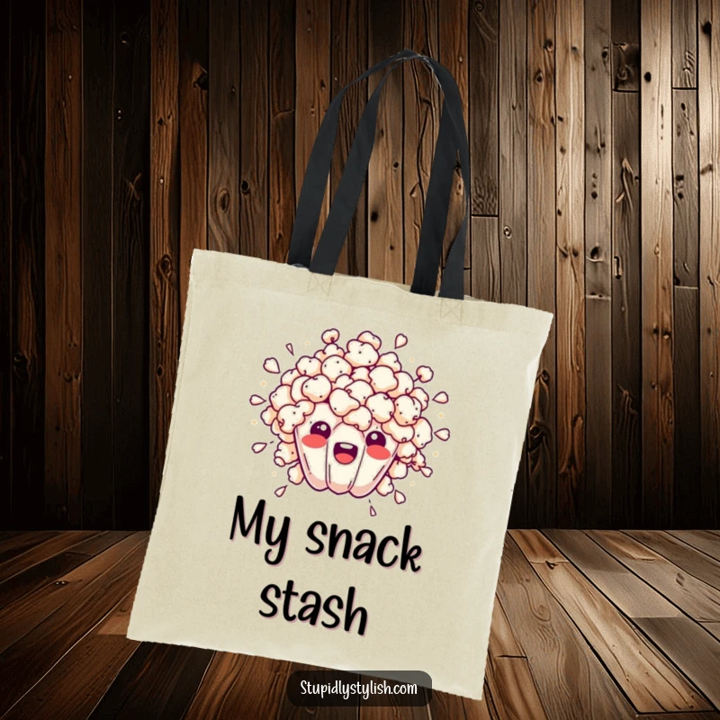 Funny tote bag showing an overwhelmed popcorn kernel bursting outwards, perfect for carrying groceries or daily items.