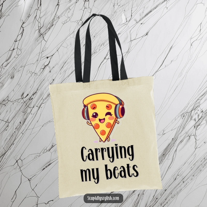 Funny tote bag showcasing a giggling pizza slice wearing headphones, perfect for carrying essentials with a musical flair.