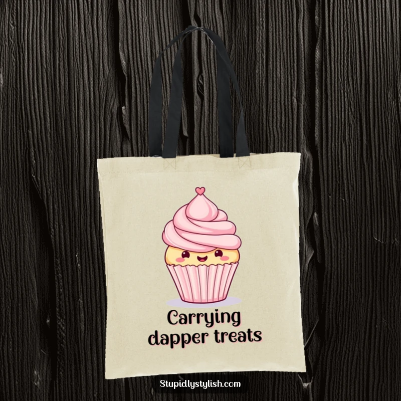 Funny tote bag featuring a proud cupcake with a tiny top hat, great for carrying items with celebration and dessert humor.