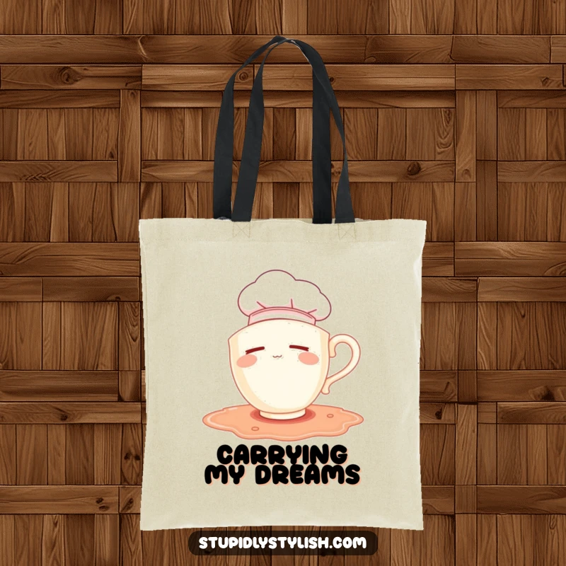 Funny tote bag: sleepy teacup chef wearing hat falling into a puddle, humorous and practical accessory.
