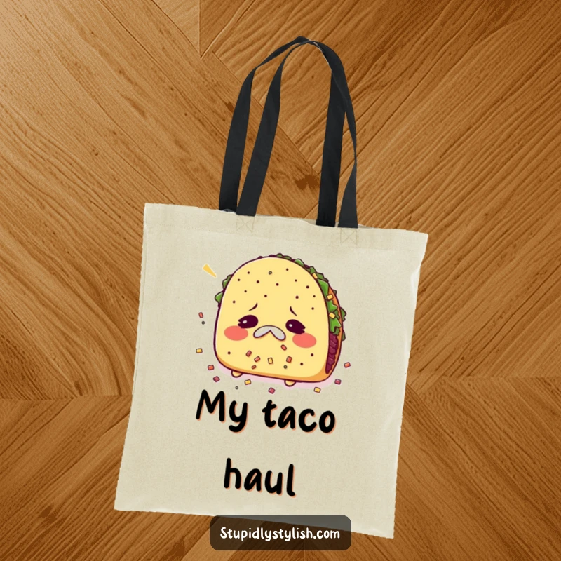 Funny tote bag illustrating a sneezing taco with its fillings scattered, ideal for shopping and carrying essentials.