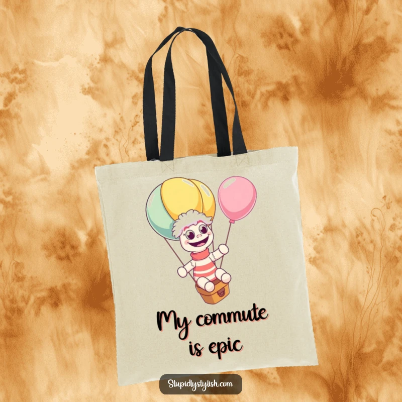 Funny tote bag depicting a gleeful sock puppet on a giant, runaway balloon, eyes wide with excitement. A functional and humorous accessory.
