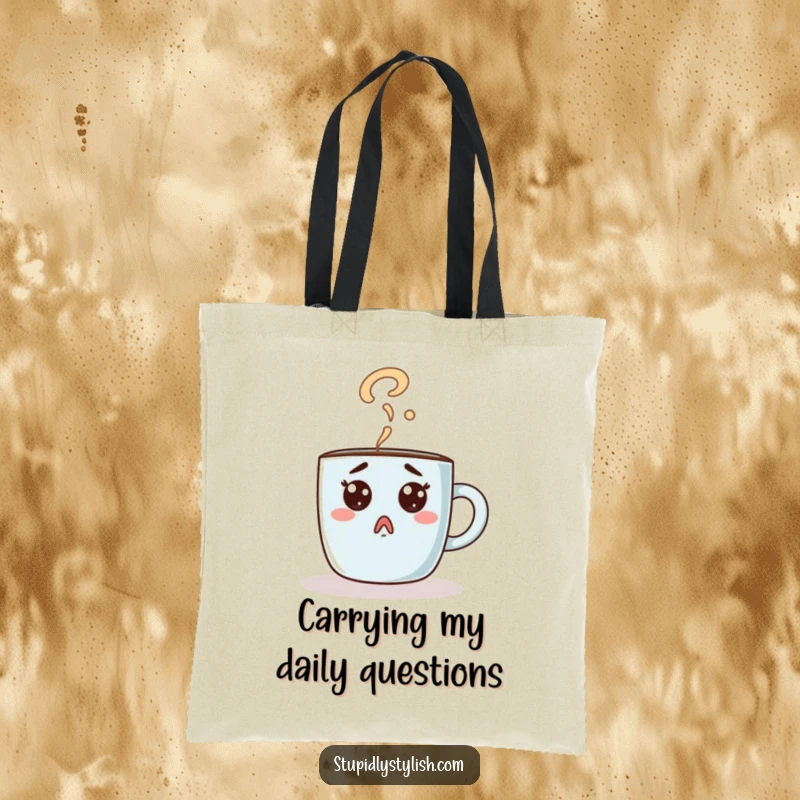 Funny tote bag featuring a surprised coffee mug character with question mark steam. Practical and amusing.