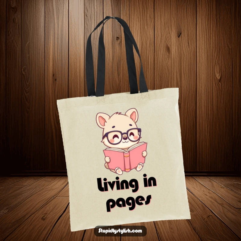 Cute animal character with tiny glasses, reading a huge book, perfect for a tote bag celebrating book lovers and intelligence.
