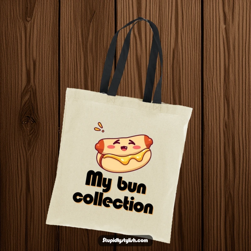 Funny tote bag illustrating a confused hot dog in a bun, ideal for shopping and carrying daily items.