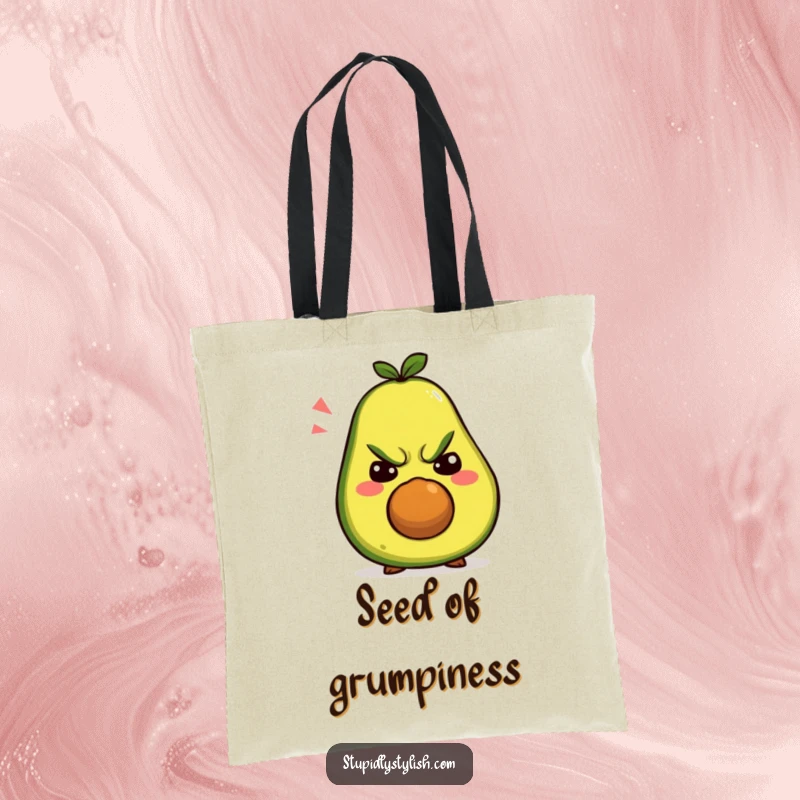 Funny tote bag: A grumpy avocado exuding comical dissatisfaction while making a variety of funny, silly faces.